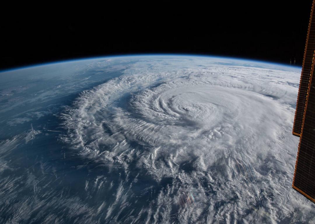 Aerial view from space of Hurricane Florence making landfall close to Wrightsville Beach in North Carolina in 2018.