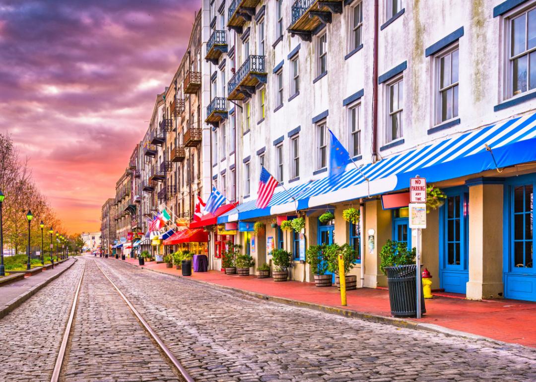 Cityscape on River Street at dawn in Savannah, Georgia.