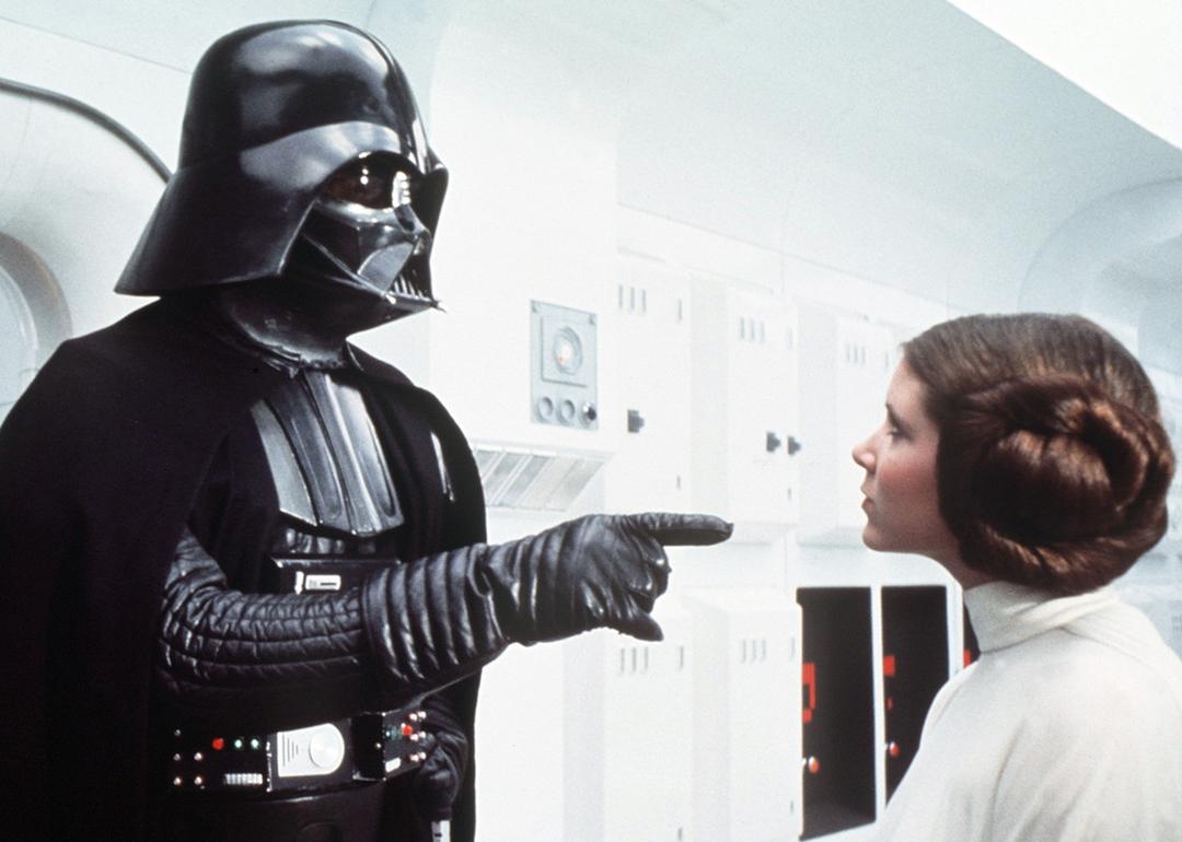 Actor David Prowse as Darth Vader and actor Carrie Fisher as Princess Leia on the set of 'Star Wars: Episode IV—A New Hope.'