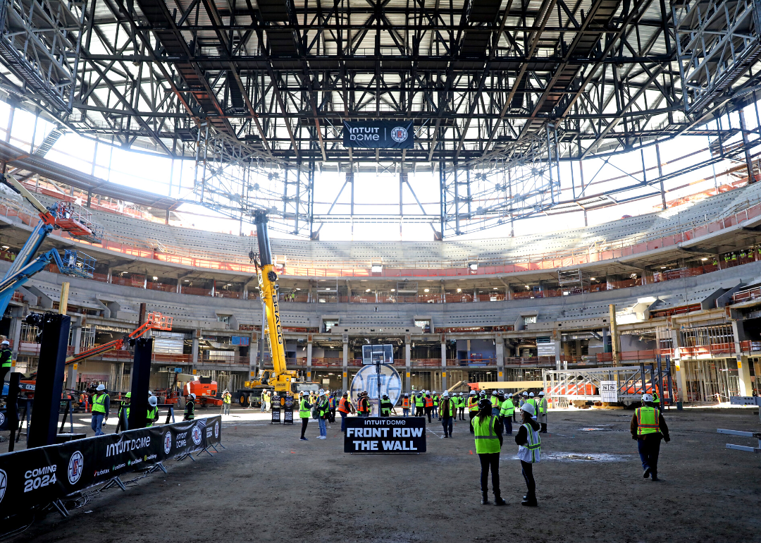 The Intuit Dome Steel Topping Out, the biggest construction milestone in the building of the LA Clippers new arena, on Tuesday, March 7, 2023 in Inglewood, CA. 