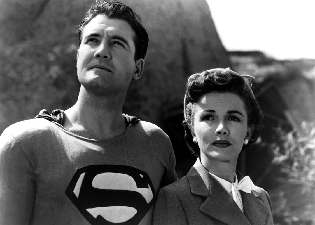 Actors George Reeves as Superman/Clark Kent and Phyllis Coates as Lois Lane in the American television series 'Adventures of Superman', circa 1952.