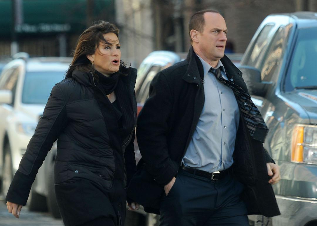 Actors Mariska Hargitay and Christopher Meloni filming on location for 'Law & Order: SVU' on the streets of Manhattan on Feb. 14, 2011 in New York City.