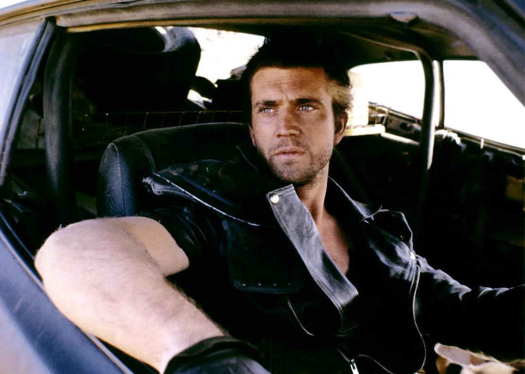 Actor Mel Gibson in a car in 'Mad Max 2: The Road Warrior.'