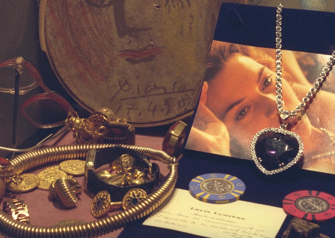 On the right, the necklace worn by Kate Winslet in 'Titanic' along with other movie props.
