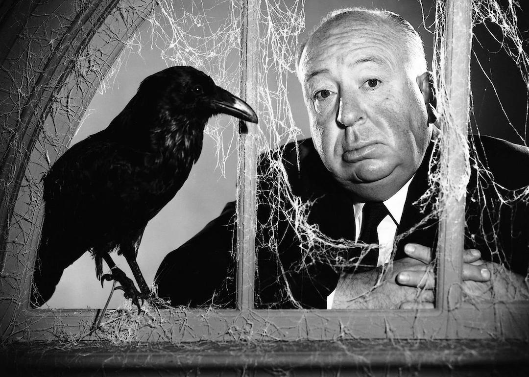 Director Alfred Hitchcock posing at a cobweb-strewn window with a stuffed crow, in a promotional portrait for the TV anthology series 'Alfred Hitchcock Presents', circa 1955.