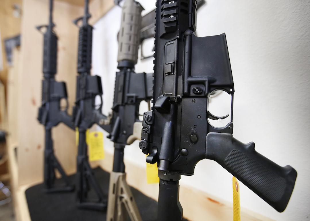 AR-15 semi-automatic guns are on display for sale at Action Target on June 17, 2016 in Springville, Utah.