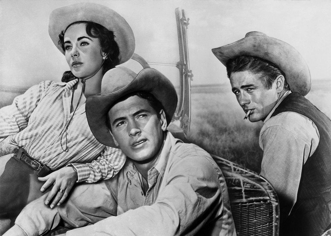 Actors Elizabeth Taylor, Rock Hudson, and James Dean pose for a composite photo on the set of the Warner Bros film 'Giant' in 1955 in Marfa, Texas.