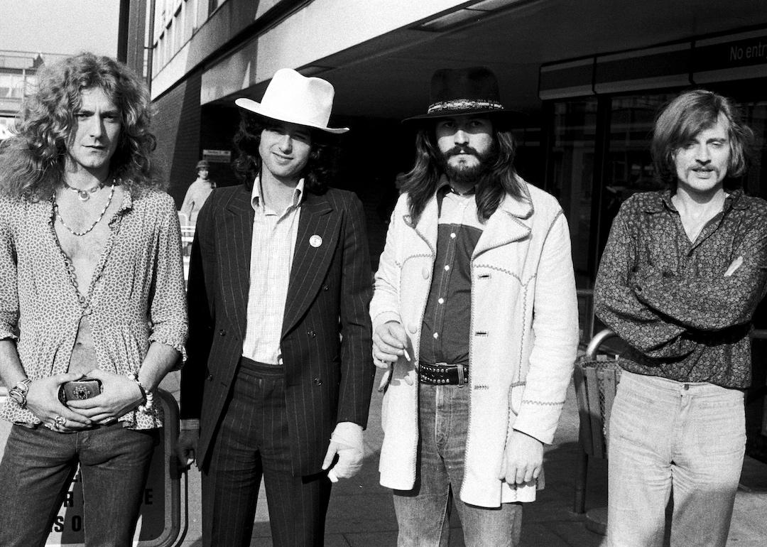 From left to right: singer Robert Plant, guitarist Jimmy Page, drummer John Bonham, and bassist John Paul Jones of Led Zeppelin on June 5, 1973.
