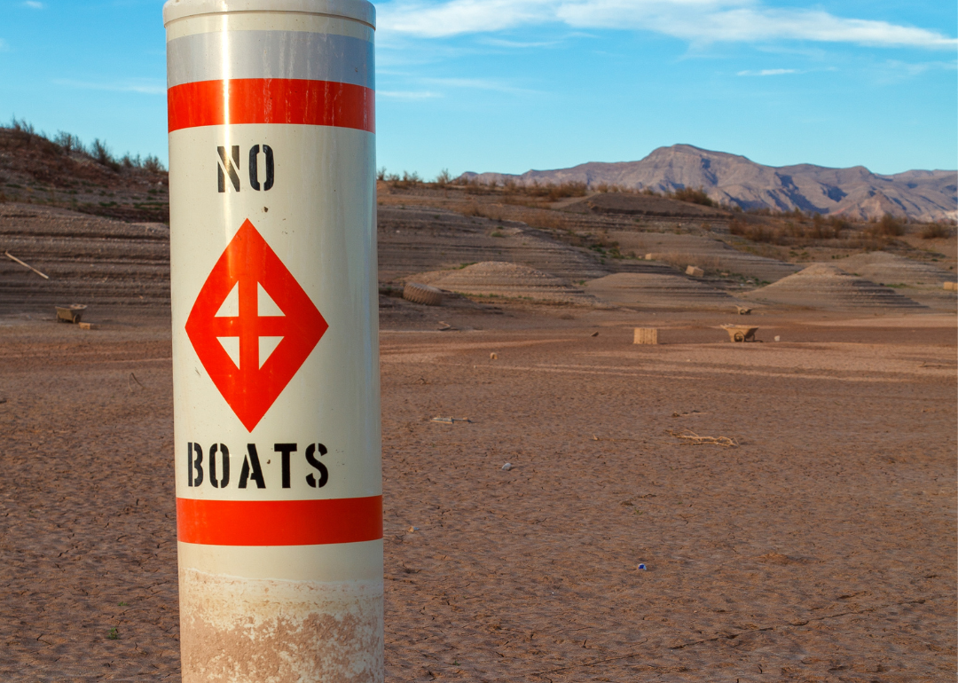 'No boat' sign in front of Lake Mead, which has been affected by severe droughts.