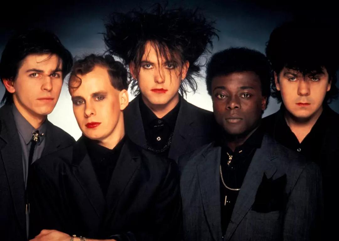 The members of The Cure, from left: Phil Thornalley, Porl Thompson, Robert Smith, Andy Anderson, and Lol Tolhurst.