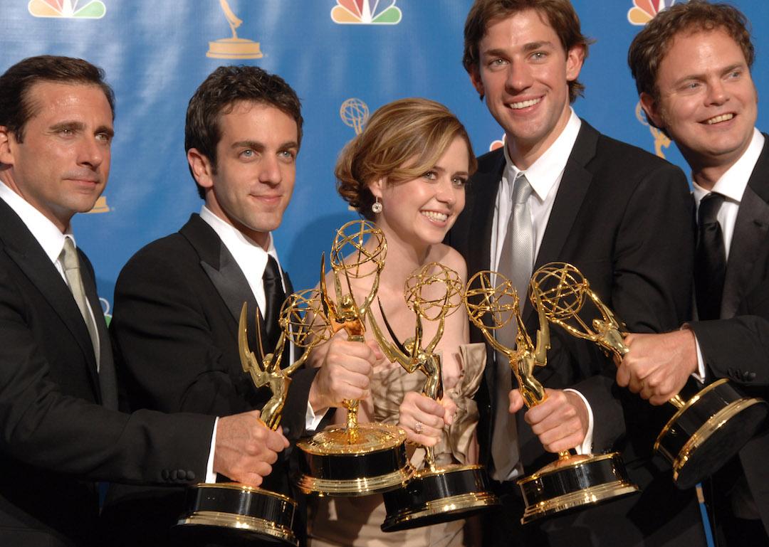 Actors Steve Carell, B.J. Novak, Jenna Fischer, John Krasinski, and Rainn Wilson of 'The Office' hold their 58th Annual Primetime Emmy Awards, where their show won Outstanding Comedy Series.