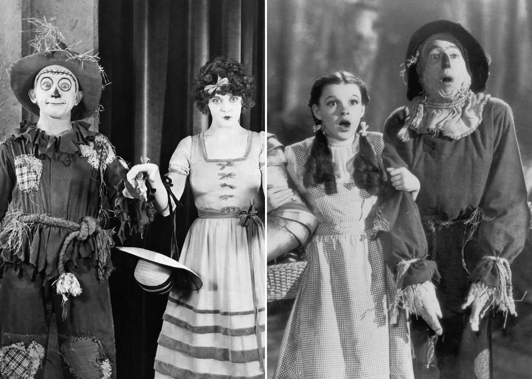 Larry Semon as the Scarecrow and Dorothy Dwan as Dorothy in the 1925 silent film version of 'The Wizard of Oz'; Judy Garland as Dorothy and Ray Bolger as the Scarecrow in the 1939 children's classic 'The Wizard of Oz.'