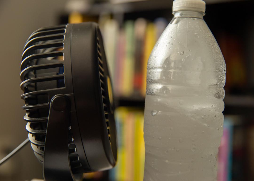 Fan blows air into a bottle of ice water.