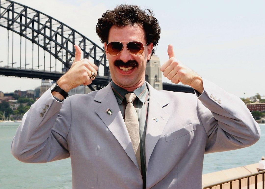 Actor Sacha Baron Cohen appears in character as Kazakh journalist Borat Sagdiyev at a press conference and photo call to promote his film in 2006.