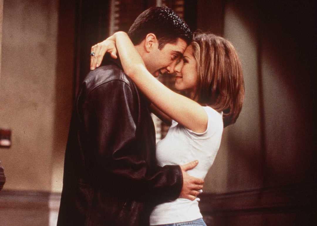 Actors David Schwimmer and Jennifer Aniston (as Ross and Rachel) embrace on the hit TV show ‘Friends’ in 1996.