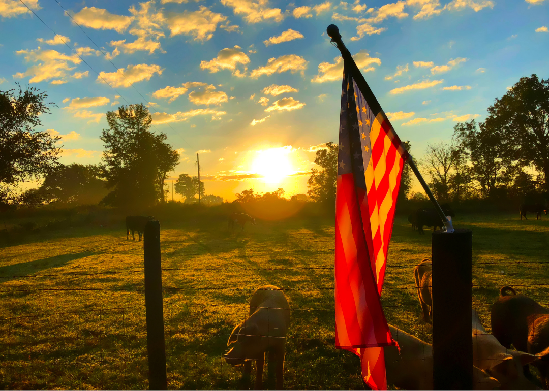 American flag hangs on the post of a fence on a farm at sunrise.