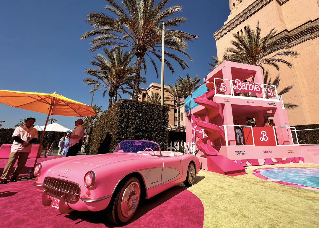 Barbie Corvette and house on the Red Carpet at the premiere of "Barbie" on July 9, 2023 in Los Angeles.