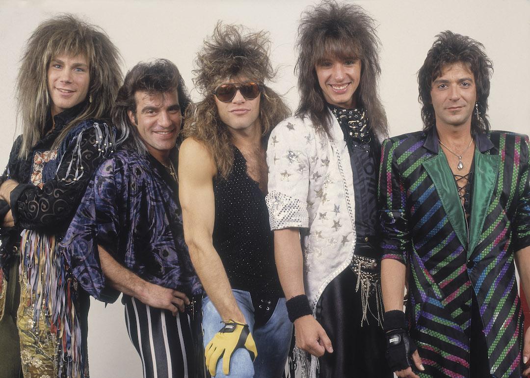 Portrait of American rock band Bon Jovi backstage before a performance, Illinois, early March, 1987. Pictured are, from left, David Bryan, Tico Torres, Jon Bon Jovi, Richie Sambora, and Alec John Such. 