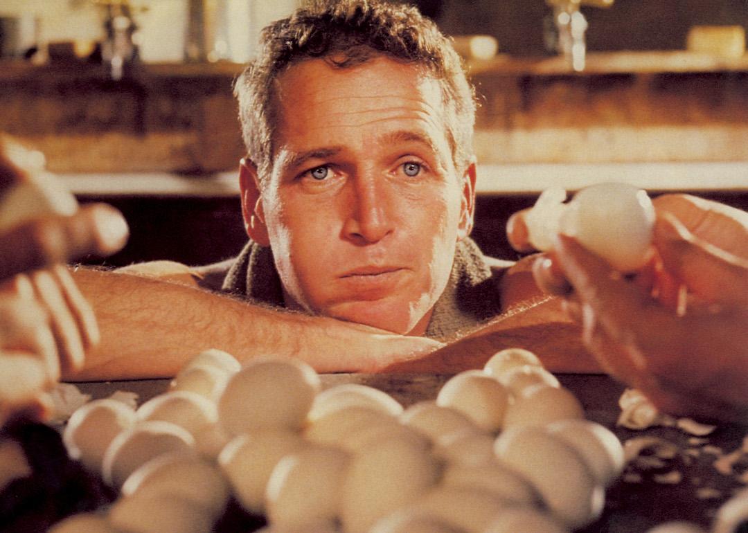 Actor Paul Newman as Luke, attempting to eat 50 hard-boiled eggs in an hour in the 1967 film 'Cool Hand Luke.'