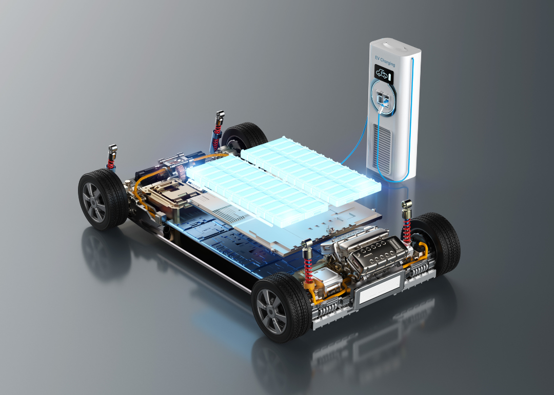 An electric car battery hooked up to an EV charger; a conceptual image