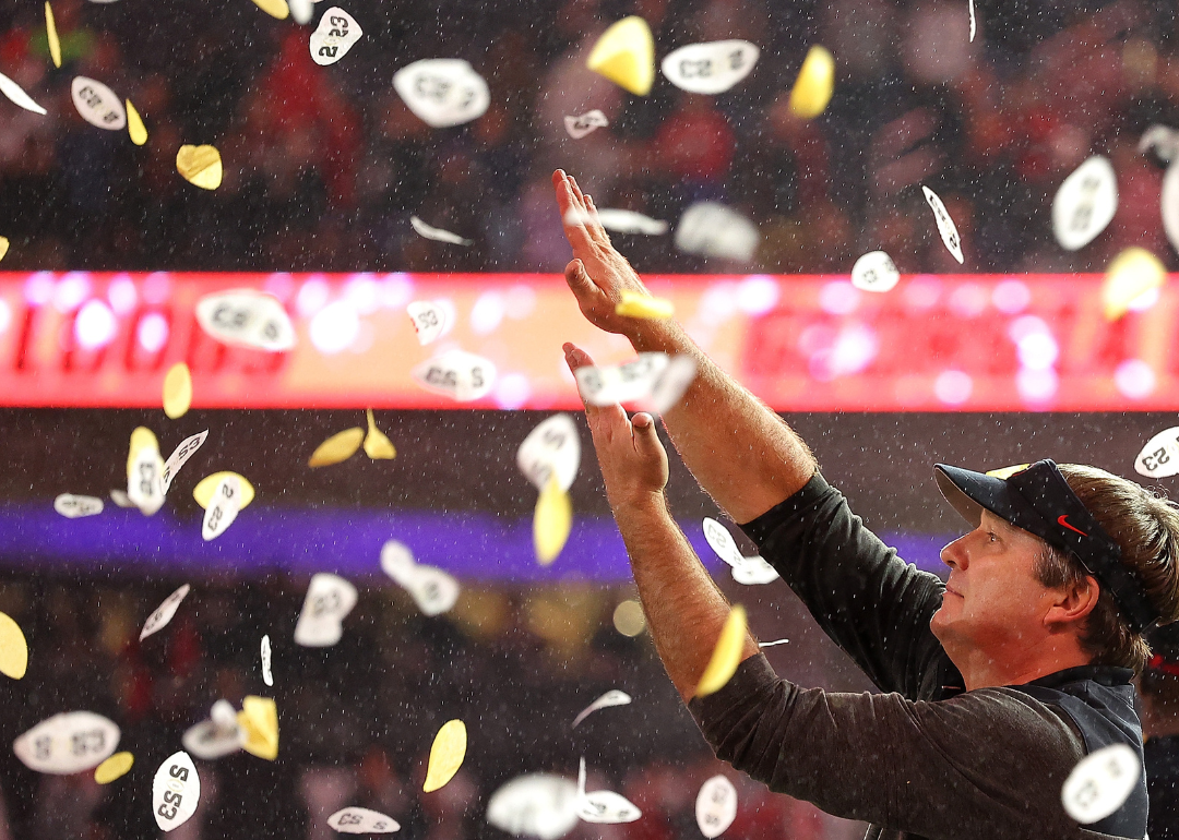 Head coach Kirby Smart of the Georgia Bulldogs celebrates after defeating the TCU Horned Frogs in the College Football Playoff National Championship game at SoFi Stadium on January 09, 2023 in Inglewood, California.
