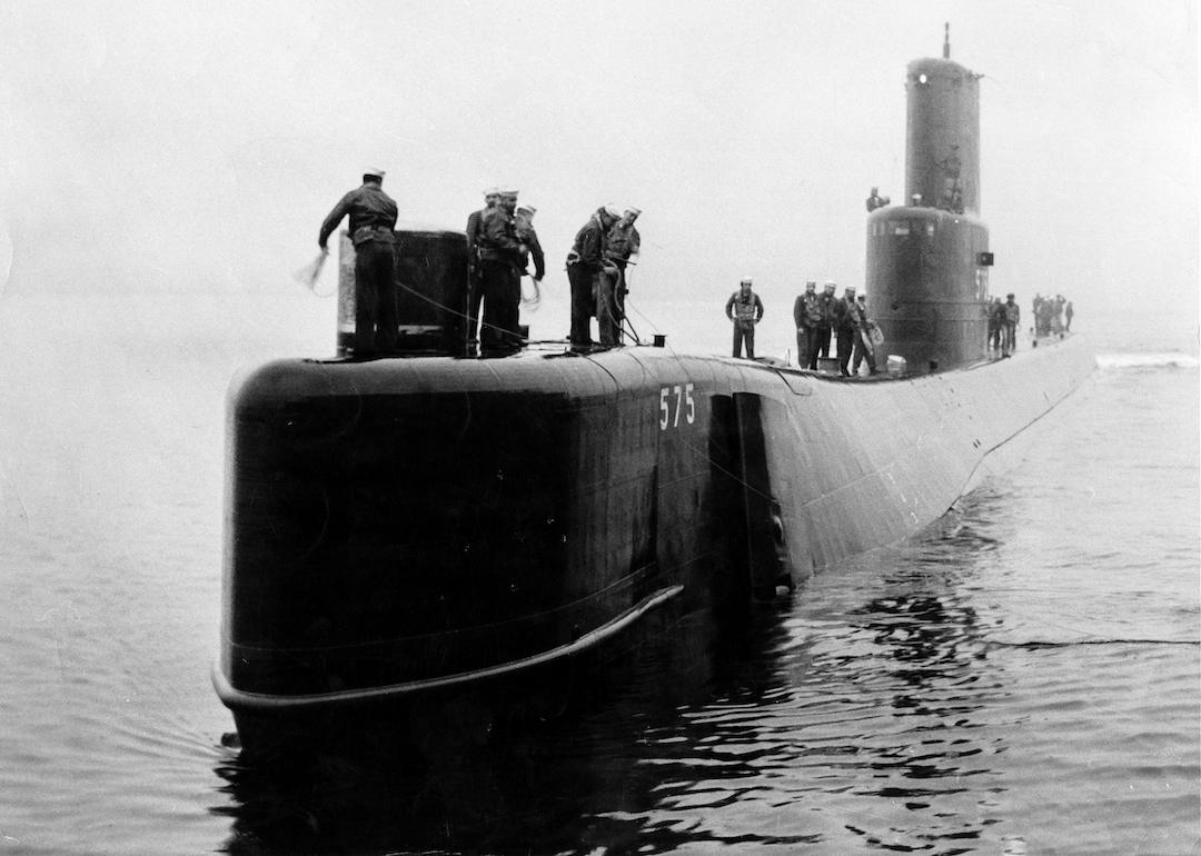 The USS Seawolf, an atomic propelled submarine, emerges after six days in New London, Connecticut on Oct. 10, 1958.