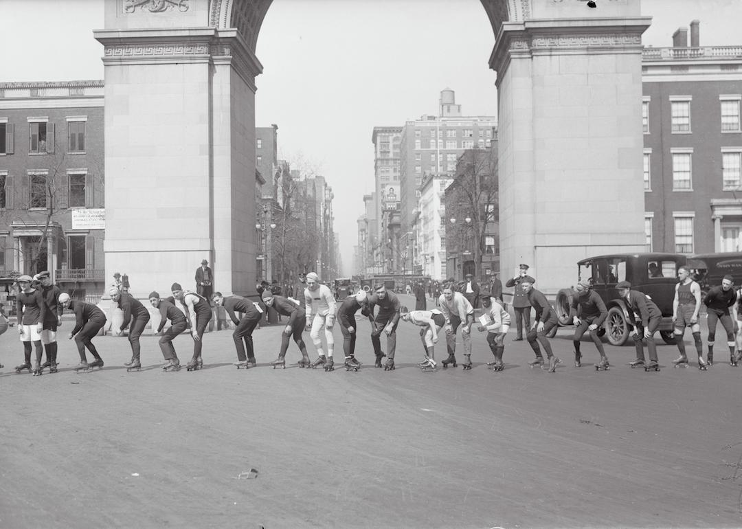 Roller skating marathon kicks off in Washington Square Park in New York City in 1922.