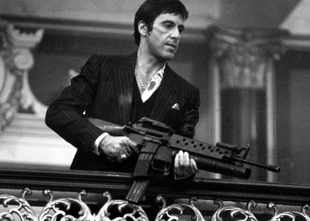 Al Pacino in the 'say hello to my little friend' scene from 'Scarface.'