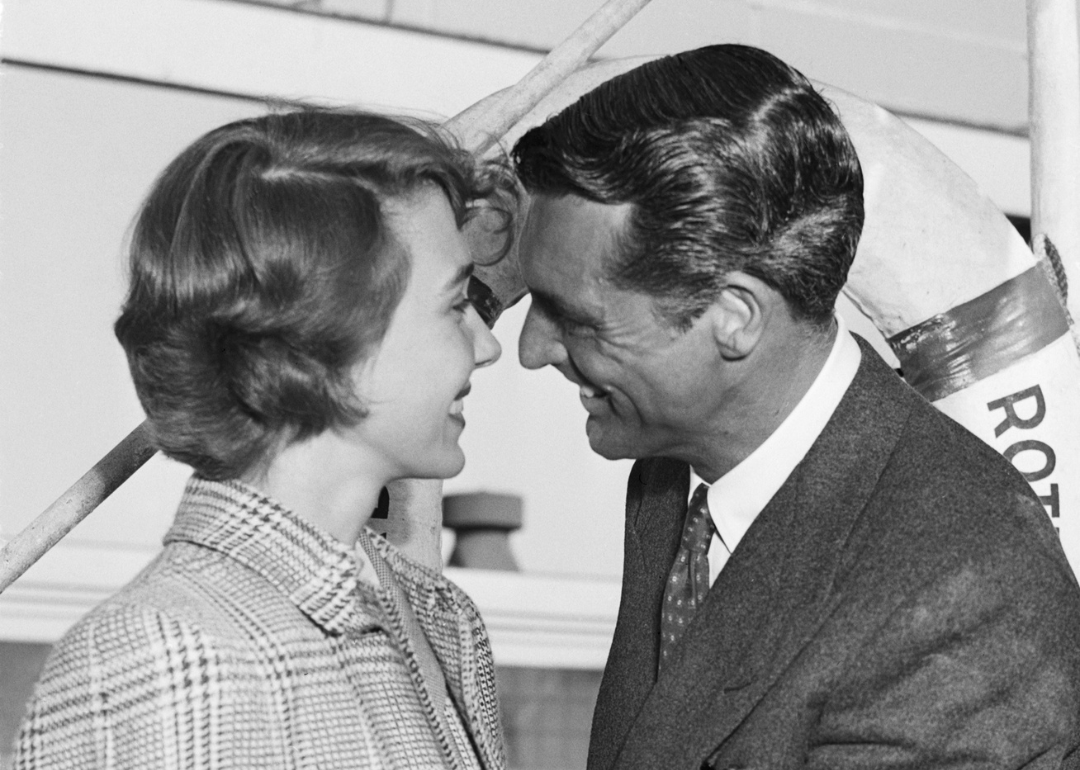Cary Grant is greeted by Betsy Drake on his arrival aboard the SS Dalerdijk to work on a movie in England, circa 1949