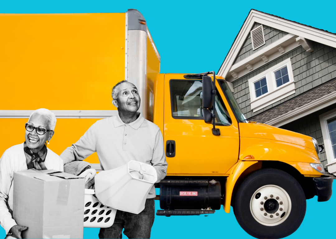 Illustration of two seniors moving boxes with moving truck and house in the background.