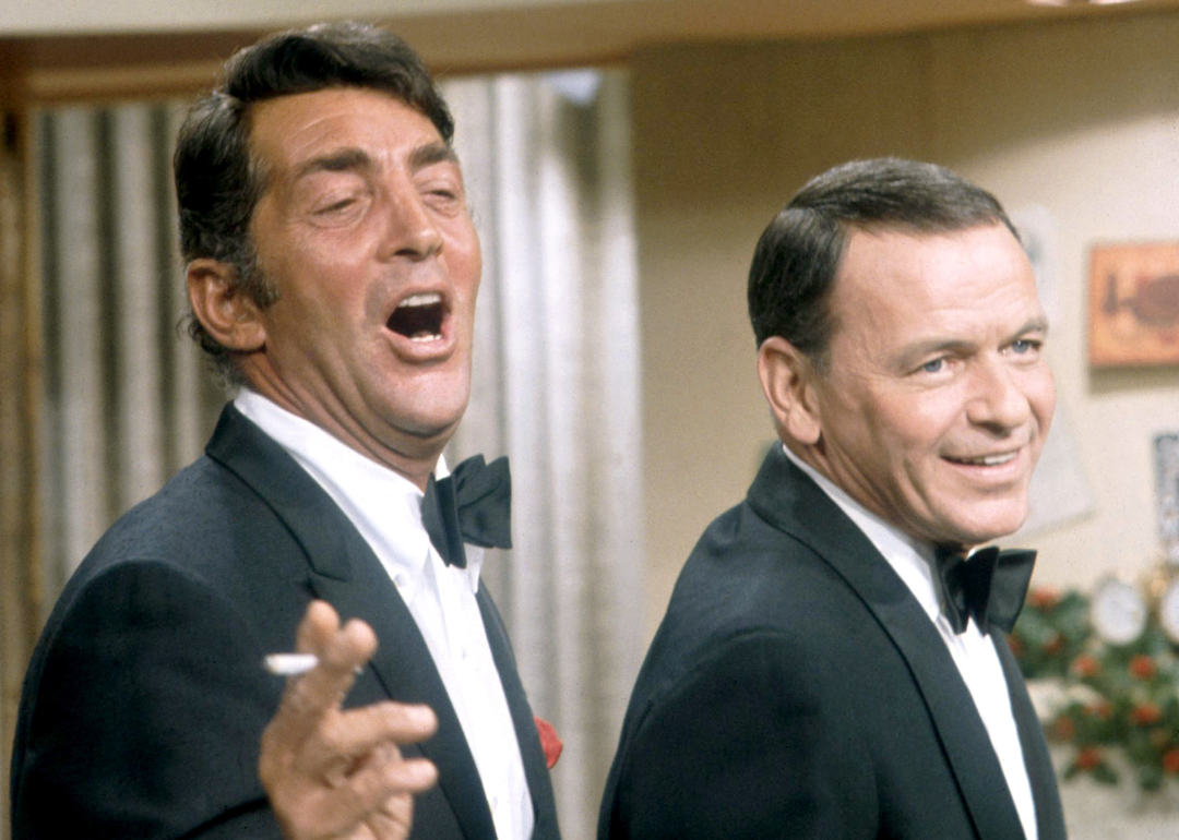 Entertainers Dean Martin and Frank Sinatra perform during the taping of 'The Dean Martin Show' circa 1967 in Los Angeles, California.