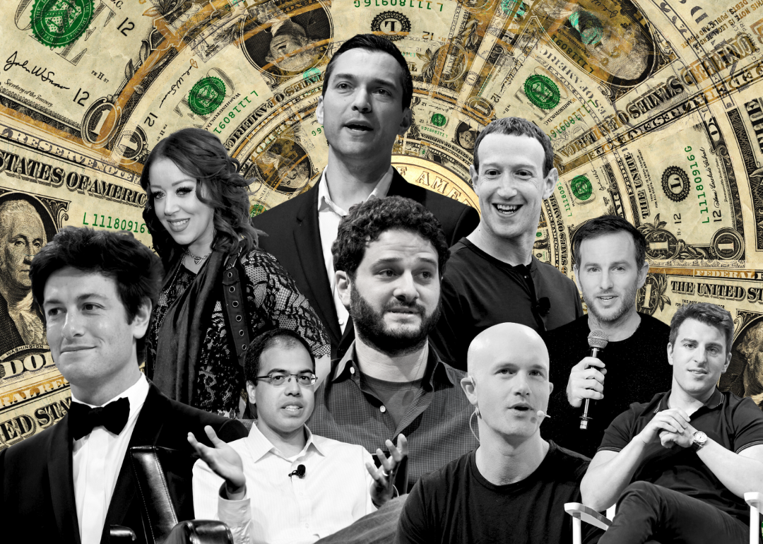 A composite illustration of nine of the youngest, righest people in a tunnel of money.