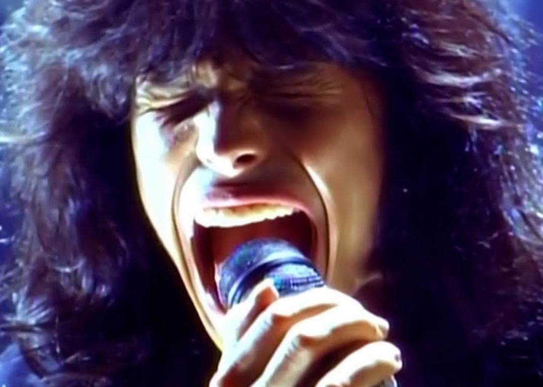 Steven Tyler of Aerosmith singing in the music video for 'Janie's Got a Gun.'