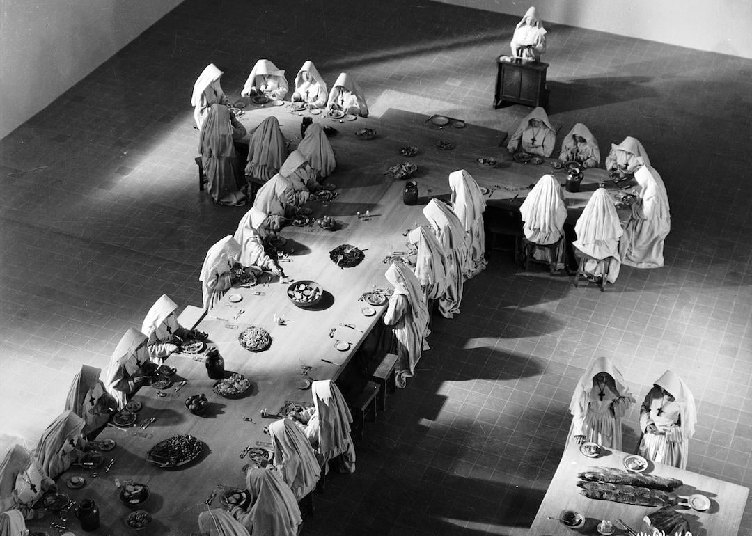 Anglican nuns sit down to a meal in their Himalayan community in a scene from the 1947 movie 'Black Narcissus.'