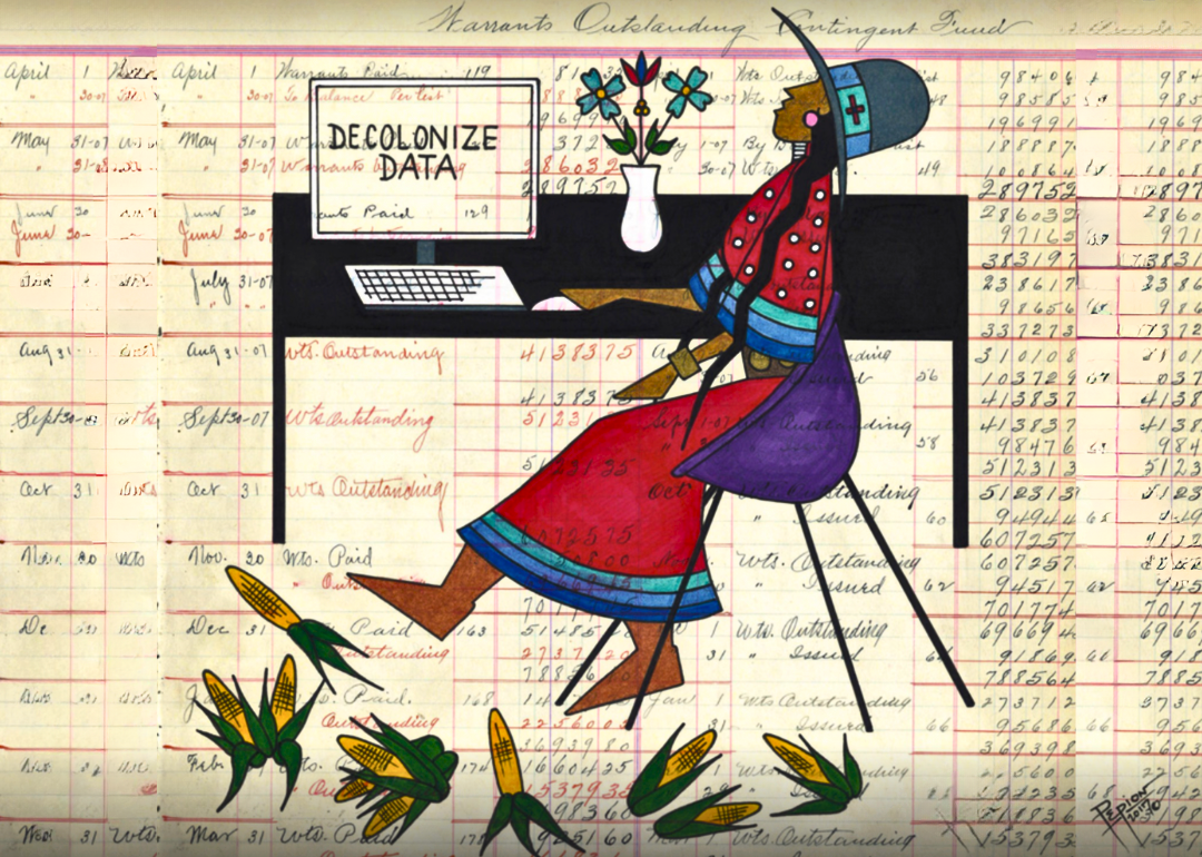 A colorful illustration of a person at a computer that reads Decolonize data with handwritten data entries as a background.