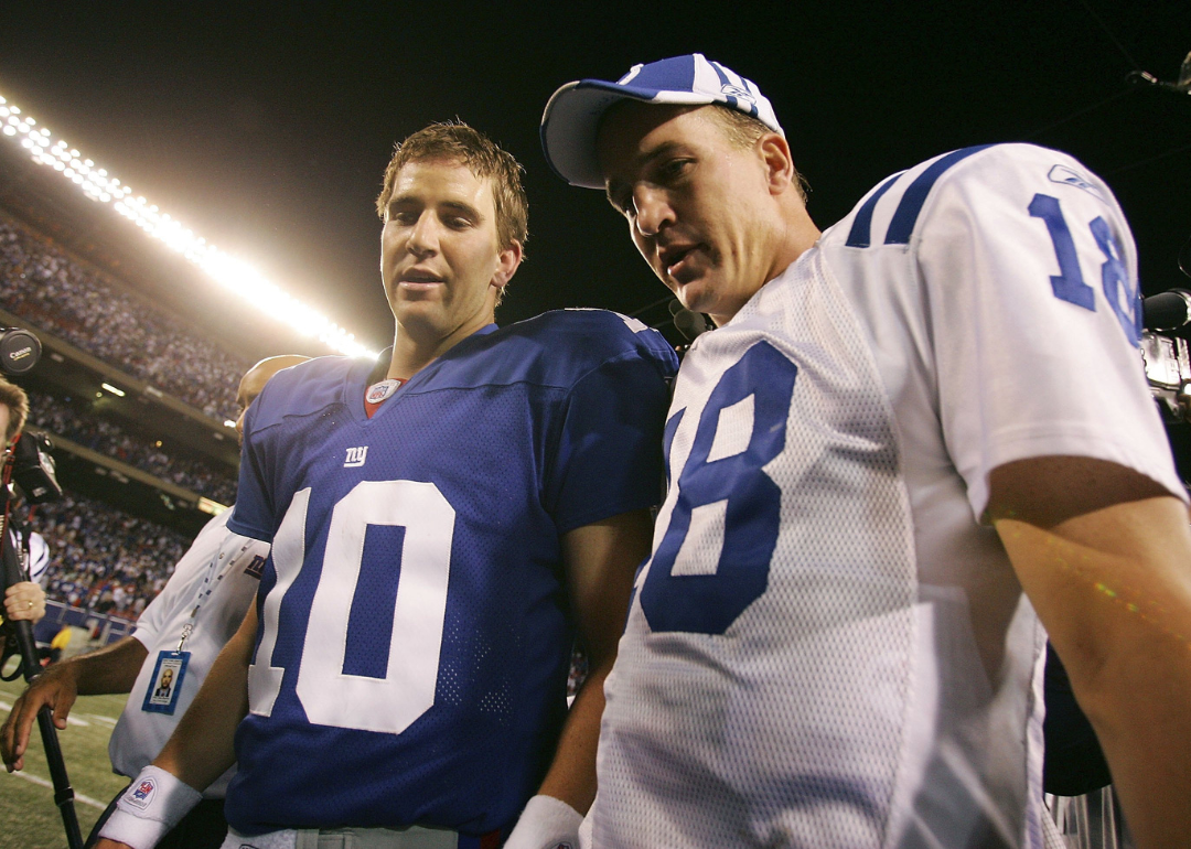 Quarterback Eli Manning #10 of the New York Giants (L) congratulates his brother quarterback Peyton Manning #18 of the Indianapolis Colts on his 26-21 victory on September 10, 2006 at Giants Stadium in East Rutherford, New Jersey. 