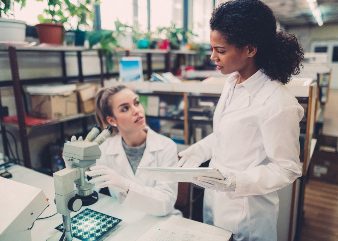 Two women scientists discuss their findings in a laboratory environment