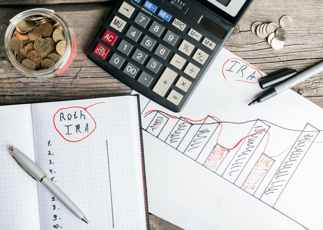 On a desk, a calculator, a handwritten financial plan, and a jar of coins