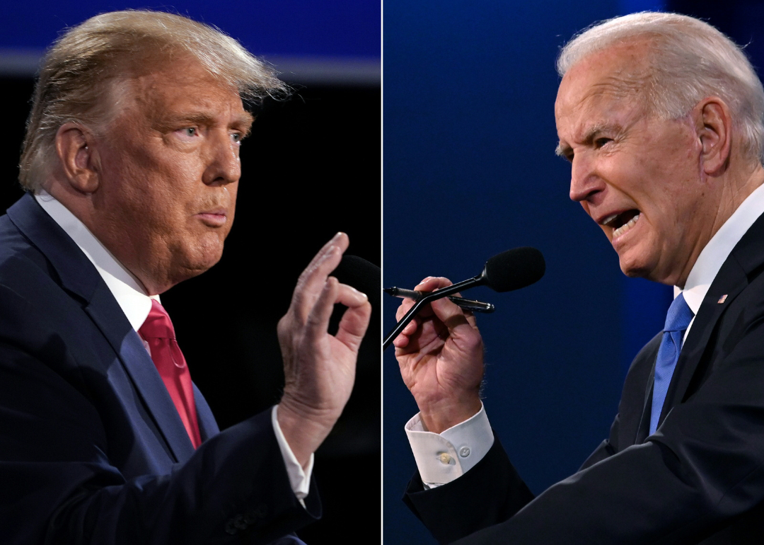 This combination of pictures created on October 22, 2020 shows US President Donald Trump (L) and Democratic Presidential candidate and former US Vice President Joe Biden during the final presidential debate at Belmont University in Nashville, Tennessee, on October 22, 2020. 