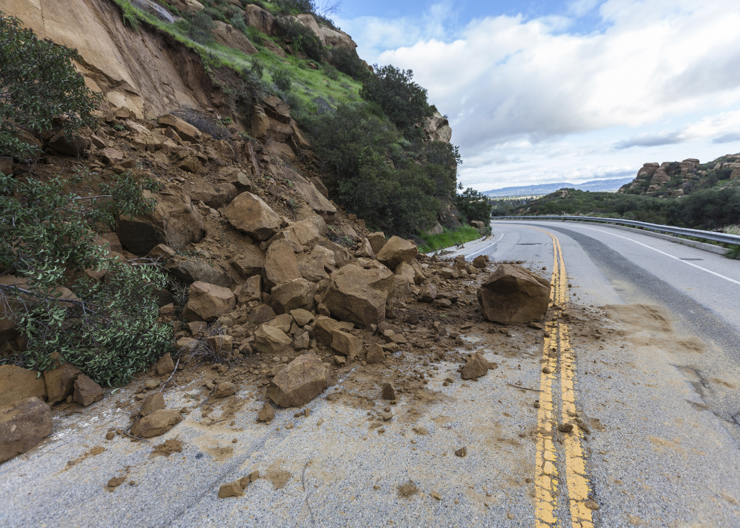 Landslide rocks blocking Santa Susana Pass Road in Los Angeles, California.
