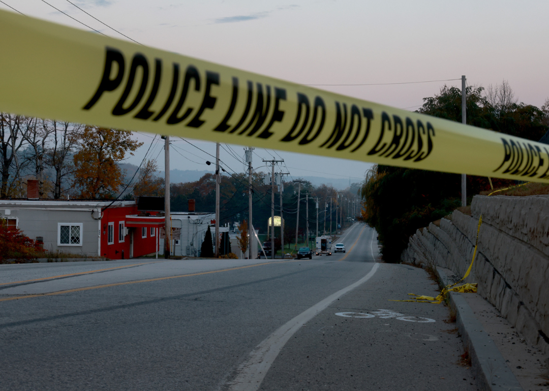 Police line tape in Lewiston, Maine. Law Enforcement officials continue their investigation at the Schemengees Bar where one of two mass shootings took place on October 27, 2023 in Lewiston, Maine.
