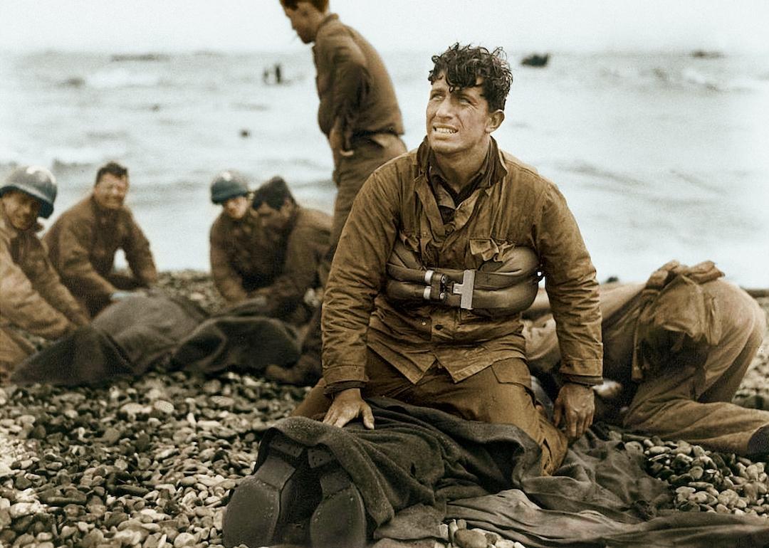 Second Lieutenant Walter Sidlowski on Omaha Beach, Normandy, after helping to rescue a group of soldiers after their landing craft sank on D-Day.