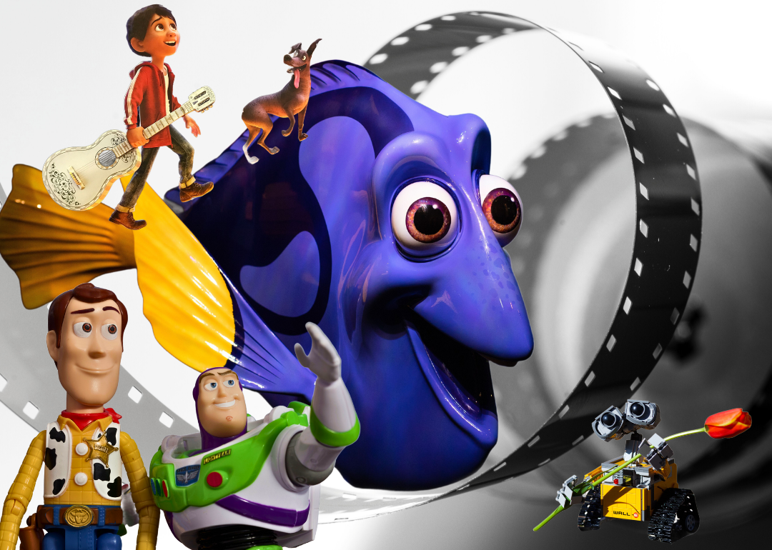 Some of Pixar's most popular characters against a backdrop of film reels.