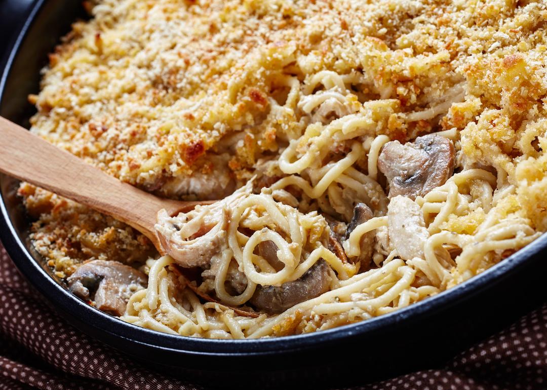 Close-up of roasted turkey tetrazzini with mushrooms and a breadcrumb crust in a black cast-iron skillet with a wooden spoon.