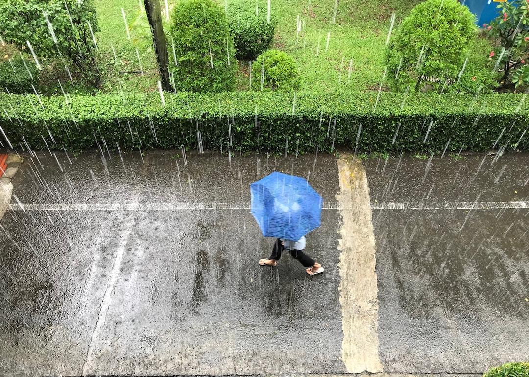Person walking with a blue umbrella in the pouring rain.