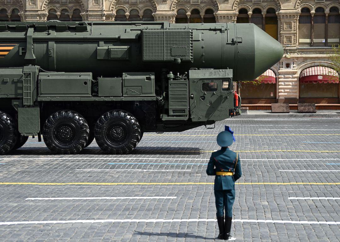 A Russian Yars intercontinental ballistic missile launcher parades through Red Square during the Victory Day military parade in central Moscow on May 9, 2022.