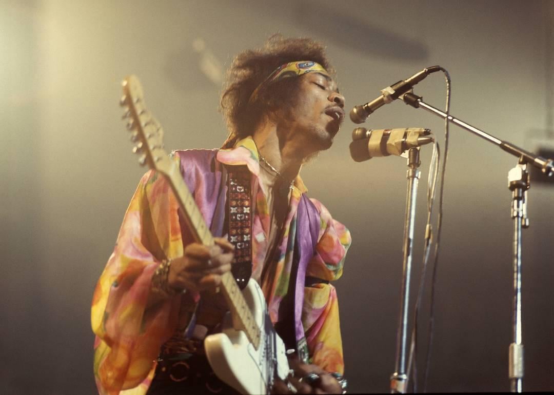 Jimi Hendrix performs live on stage with a white Fender Stratocaster guitar with The Jimi Hendrix Experience at the Royal Albert Hall in London on Feb. 24, 1969.