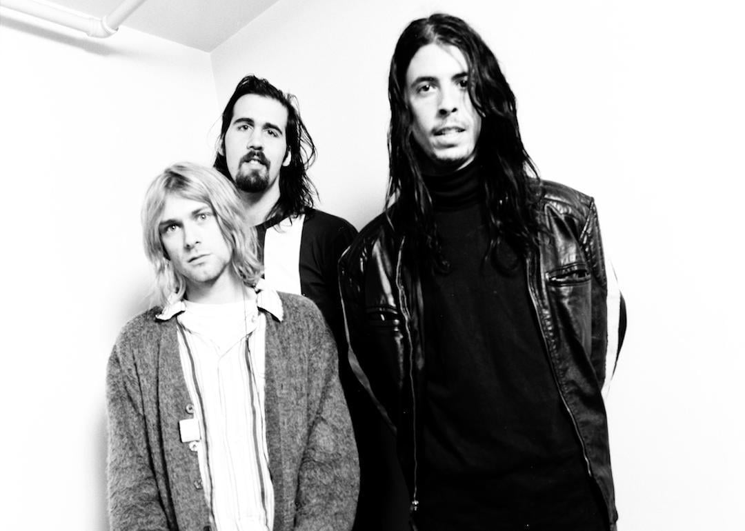 Kurt Coabin, Krist Novoselic, and Dave Grohl of Nirvana backstage at Nakano Sunplaza in Tokyo, Japan, on Dec. 19, 1992.