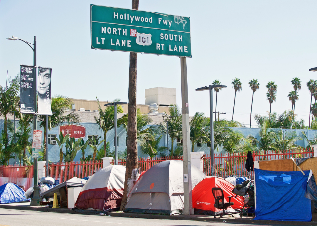 Homeless encampment along the roadside in Los Angeles, California