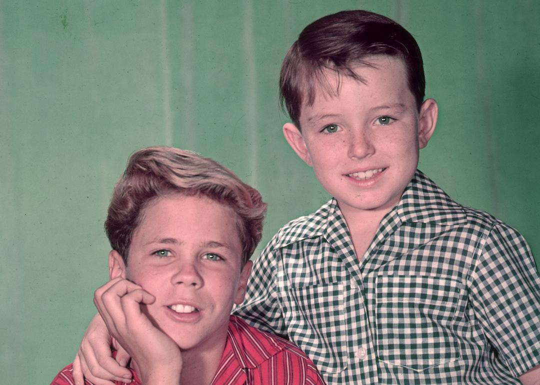 Child actors Tony Dow (left) and Jerry Mathers (right) pose together in a promotional portrait for the television show 'Leave It to Beaver' in 1955.